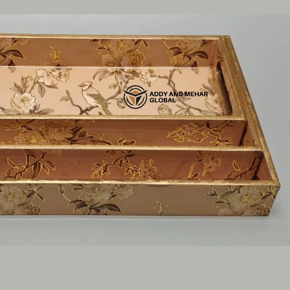 Orange & Gold Geometric Enamel Serving Tray Set of 3 – Modern Decorative MDF & Paper Nesting Trays for Kitchen, Dining & Home Decor - Image 3