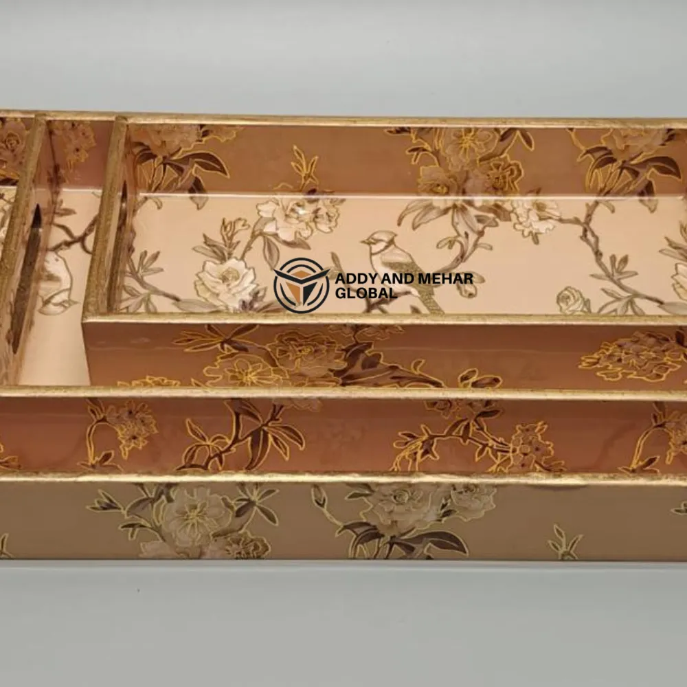 Orange & Gold Geometric Enamel Serving Tray Set of 3 – Modern Decorative MDF & Paper Nesting Trays for Kitchen, Dining & Home Decor - Image 4