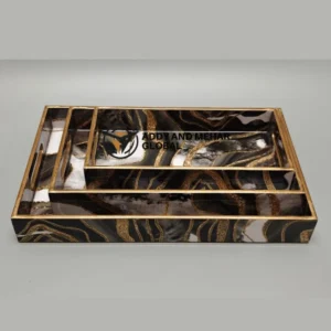 Black & Gold Geometric Enamel Serving Tray Set of 3 – Luxury MDF & Paper Nesting Serving Trays for Kitchen, Dining & Home Decor