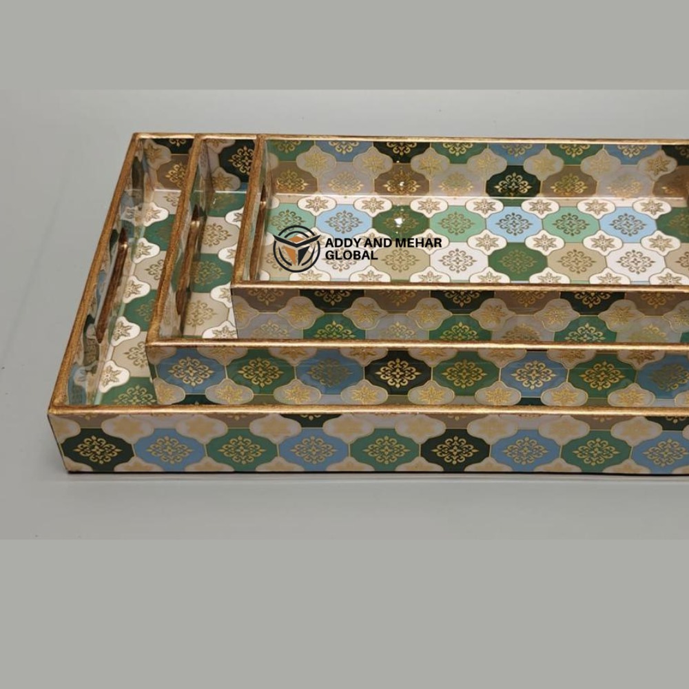 White Geometric Enamel Serving Tray Set of 3 MDF Decorative Trays Elegant White & Gold Serving Tray - Image 3