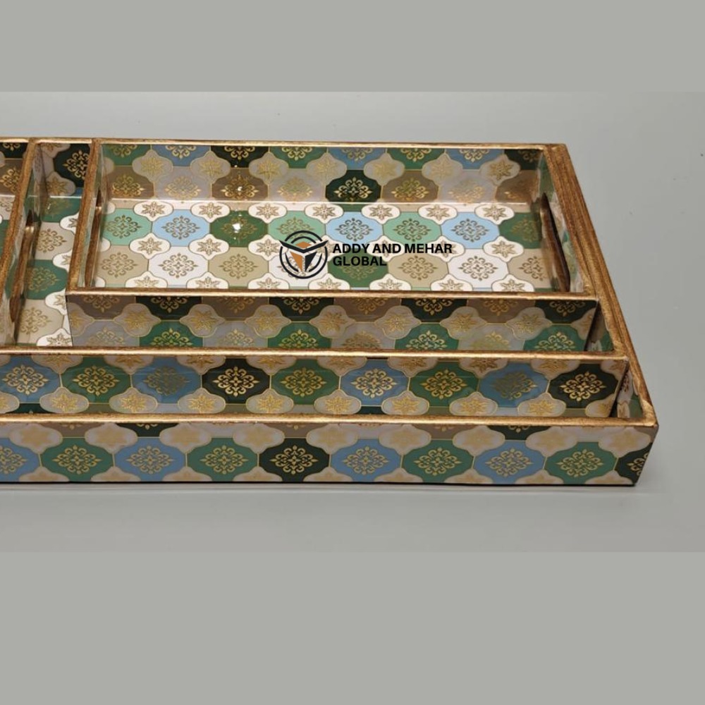 White Geometric Enamel Serving Tray Set of 3 MDF Decorative Trays Elegant White & Gold Serving Tray - Image 4