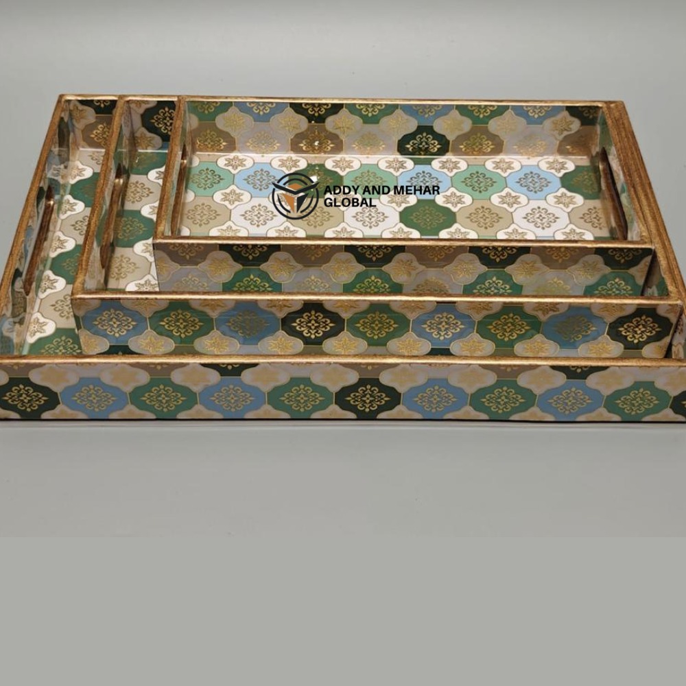 White Geometric Enamel Serving Tray Set of 3 MDF Decorative Trays Elegant White & Gold Serving Tray - Image 5