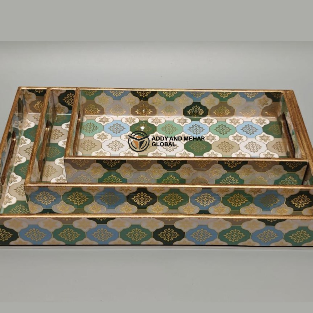 White Geometric Enamel Serving Tray Set of 3 MDF Decorative Trays Elegant White & Gold Serving Tray - Image 6