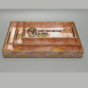 Pink & Gold Geometric Enamel Serving Tray Set of 3 – Modern Decorative MDF & Paper Nesting Trays for Kitchen, Dining & Home Decor