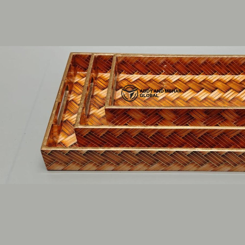 Orange Geometric Enamel Serving Tray Set of 3 MDF Decorative Trays Modern Orange - Image 3