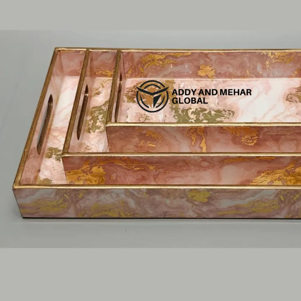 Pink & Gold Geometric Enamel Serving Tray Set of 3 – Modern Decorative MDF & Paper Nesting Trays for Kitchen, Dining & Home Decor - Image 3