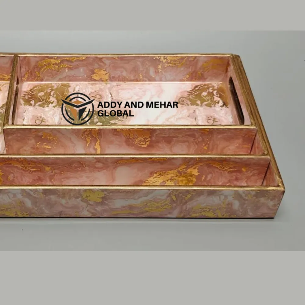Pink & Gold Geometric Enamel Serving Tray Set of 3 – Modern Decorative MDF & Paper Nesting Trays for Kitchen, Dining & Home Decor - Image 4