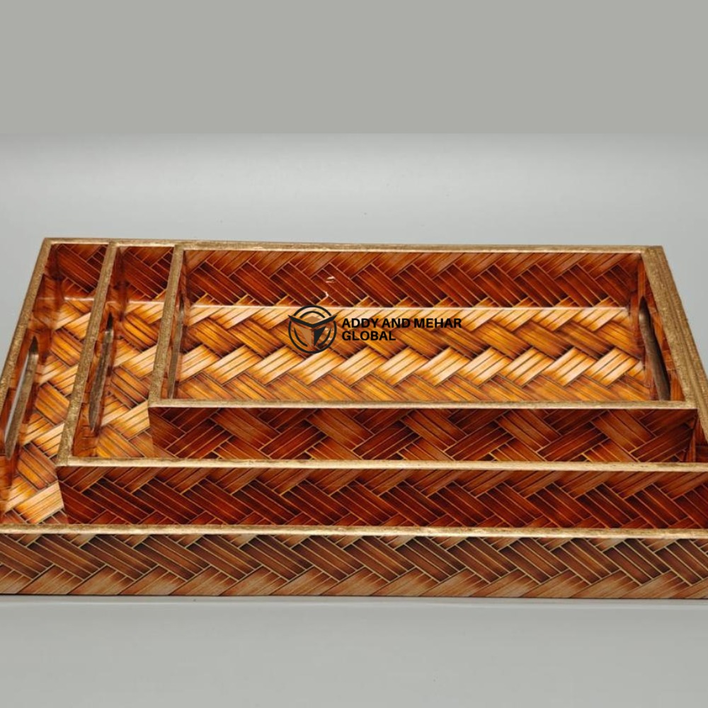 Orange Geometric Enamel Serving Tray Set of 3 MDF Decorative Trays Modern Orange - Image 5