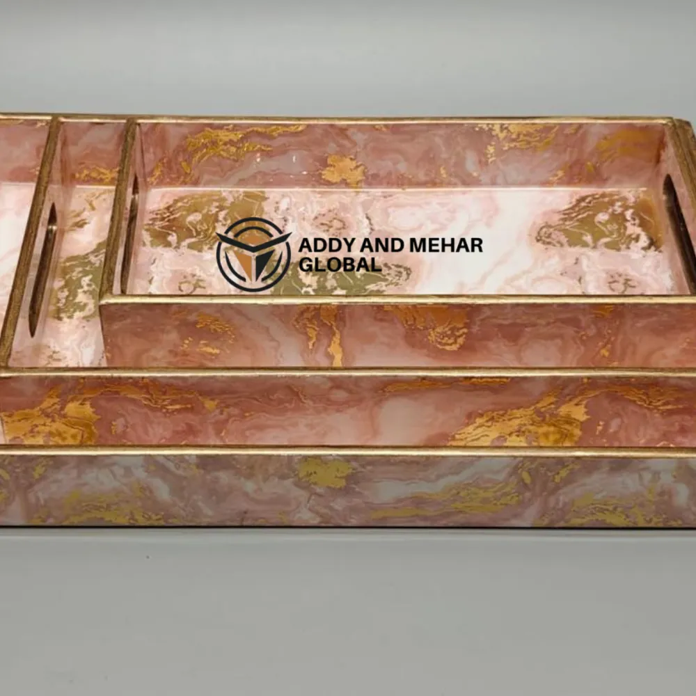 Pink & Gold Geometric Enamel Serving Tray Set of 3 – Modern Decorative MDF & Paper Nesting Trays for Kitchen, Dining & Home Decor - Image 5