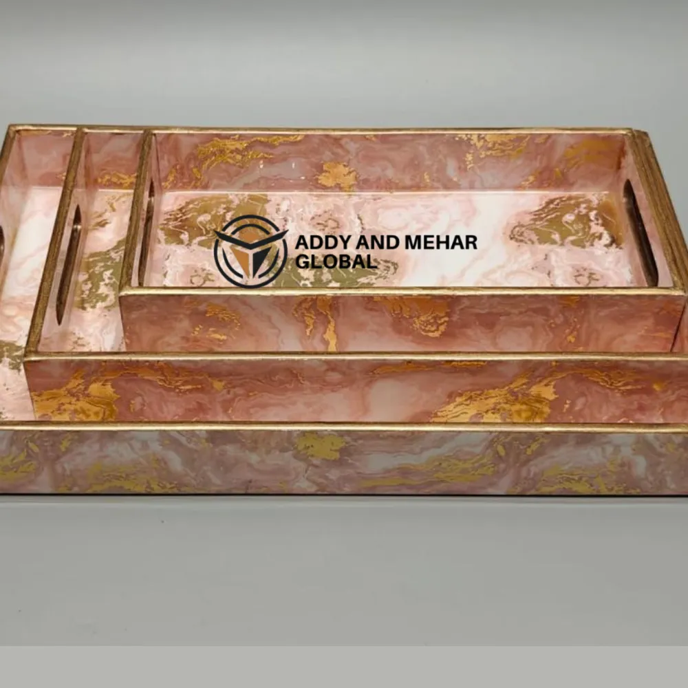 Pink & Gold Geometric Enamel Serving Tray Set of 3 – Modern Decorative MDF & Paper Nesting Trays for Kitchen, Dining & Home Decor - Image 6