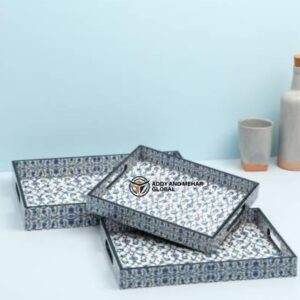 Blue Geometric Enamel Serving Tray Set of 3 MDF Decorative Trays Elegant Blue Enamel Tray