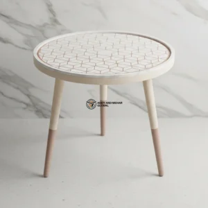 Luxury Handmade White Meena Floral Inlay Wooden Stool – Elegant Round Accent Table