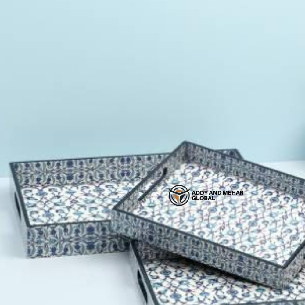 Blue Geometric Enamel Serving Tray Set of 3 MDF Decorative Trays Elegant Blue Enamel Tray - Image 3