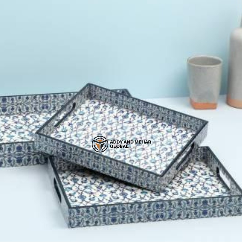 Blue Geometric Enamel Serving Tray Set of 3 MDF Decorative Trays Elegant Blue Enamel Tray - Image 4