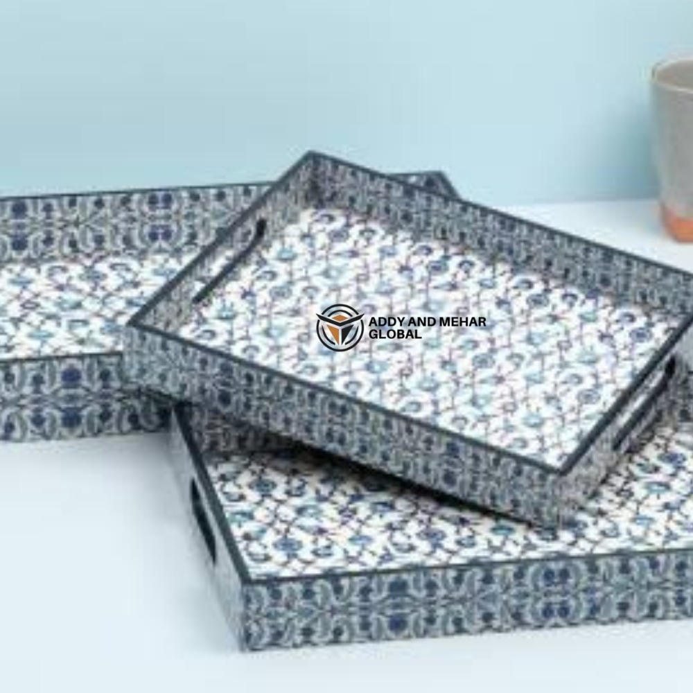 Blue Geometric Enamel Serving Tray Set of 3 MDF Decorative Trays Elegant Blue Enamel Tray - Image 5