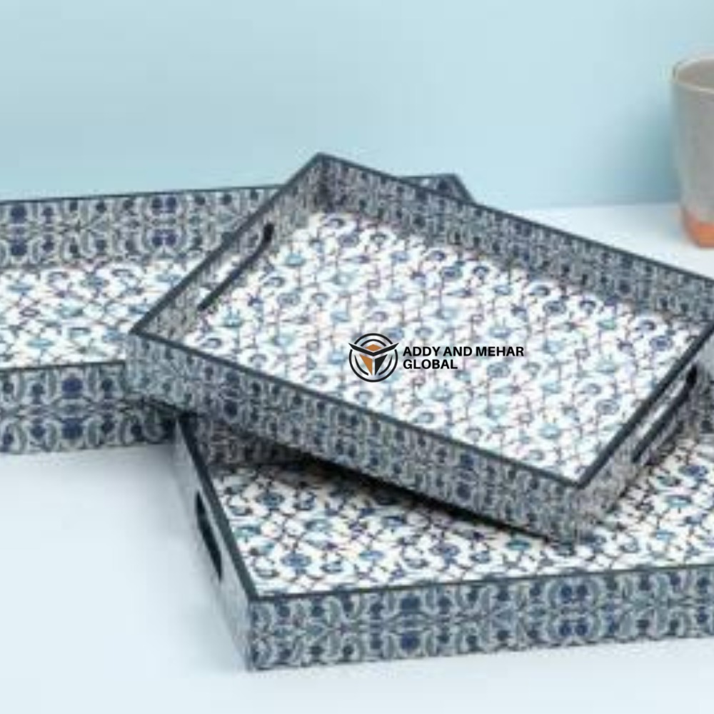 Blue Geometric Enamel Serving Tray Set of 3 MDF Decorative Trays Elegant Blue Enamel Tray - Image 6