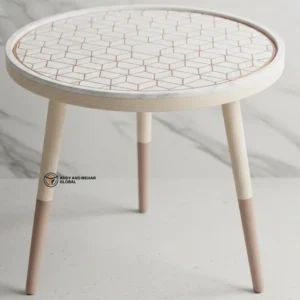 Luxury Handmade White Meena Floral Inlay Wooden Stool – Elegant Round Accent Table
