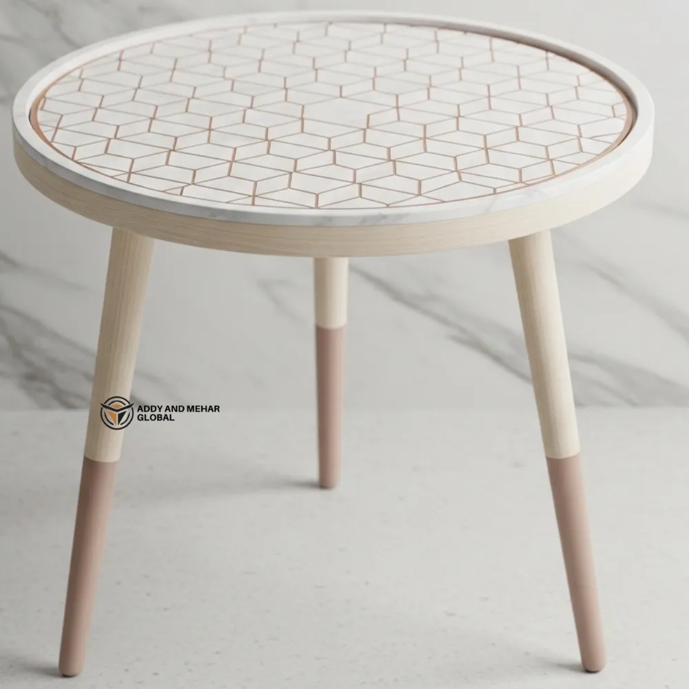 Luxury Handmade White Meena Floral Inlay Wooden Stool – Elegant Round Accent Table - Image 2