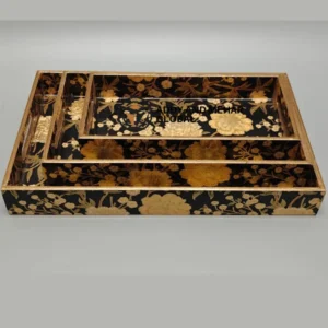 Gold Geometric Enamel Serving Tray Set of 3 – Luxury MDF & Paper Nesting Trays for Kitchen, Dining & Elegant Home Decor