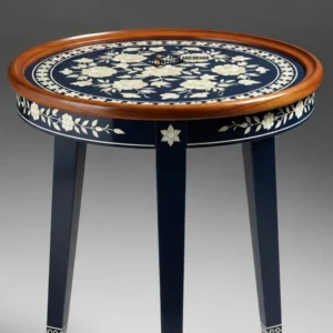 Luxury Handmade Blue Meena Floral Inlay Wooden Stool – Round Accent Side Table