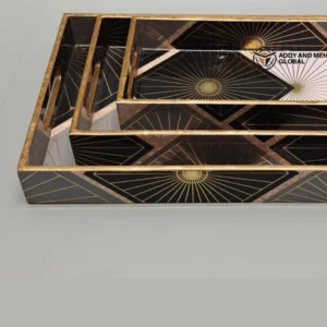 Black & Gold Geometric Enamel Serving Tray Set of 3 – Luxury MDF & Paper Nesting Trays for Kitchen, Dining & Home Decor
