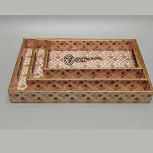 Pink Geometric Enamel Serving Tray Set of 3 | MDF Decorative Trays Elegant Pink Enamel Tray