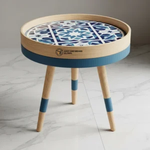 Blue Meena Design Wooden Stool – Handcrafted Round Decorative Tripod Accent Stool