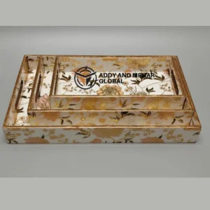 White & Gold Geometric Enamel Serving Tray Set of 3 – Modern Luxury MDF & Paper Nesting Trays for Kitchen, Dining & Home Decor