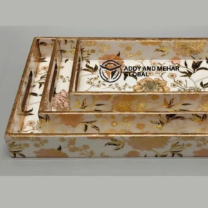 White & Gold Geometric Enamel Serving Tray Set of 3 – Modern Luxury MDF & Paper Nesting Trays for Kitchen, Dining & Home Decor