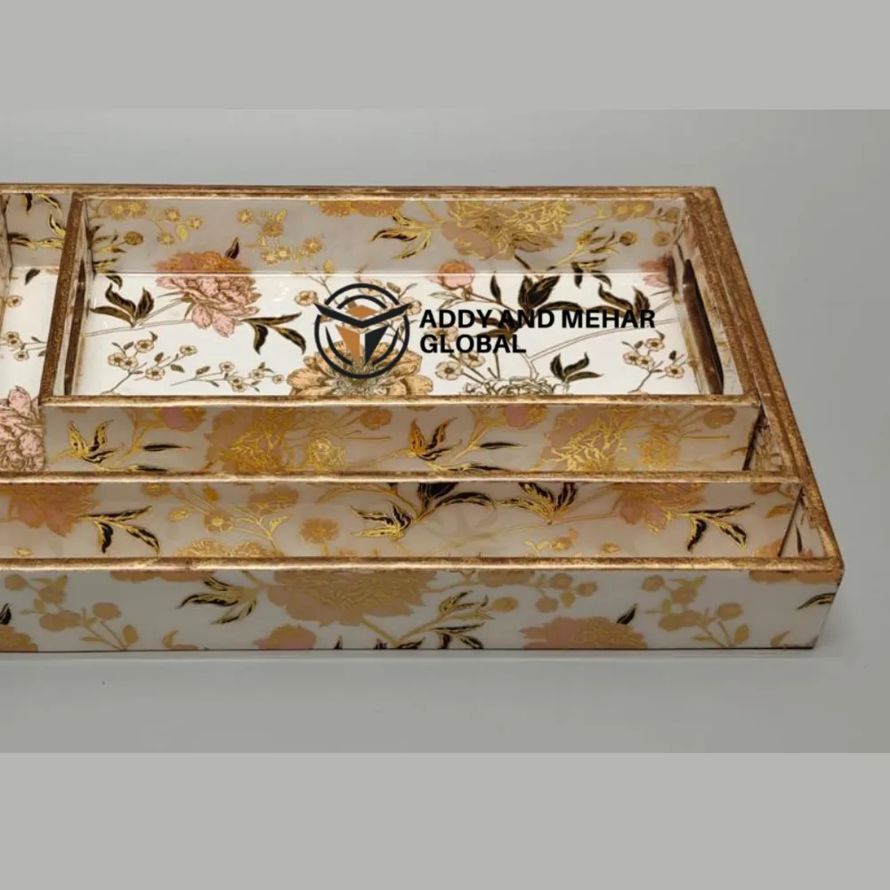 White & Gold Geometric Enamel Serving Tray Set of 3 – Modern Luxury MDF & Paper Nesting Trays for Kitchen, Dining & Home Decor - Image 3