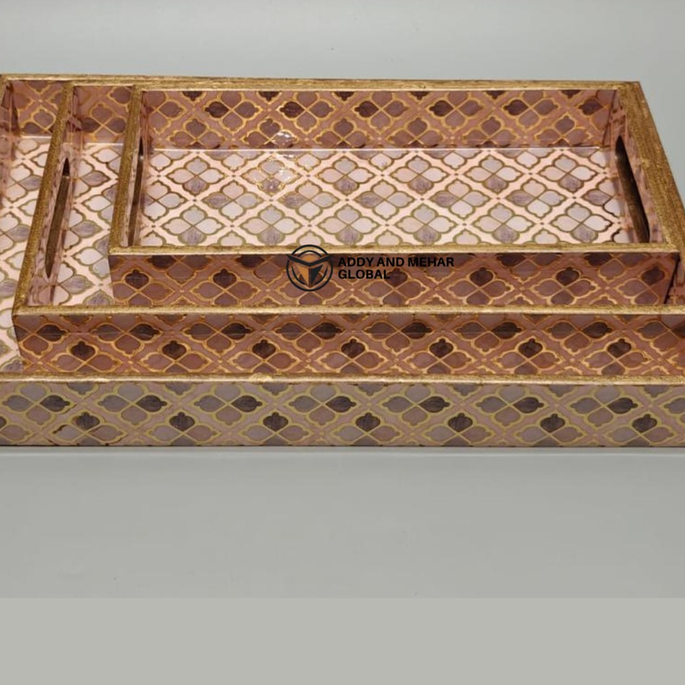 Pink Geometric Enamel Serving Tray Set of 3 | MDF Decorative Trays Elegant Pink Enamel Tray - Image 4