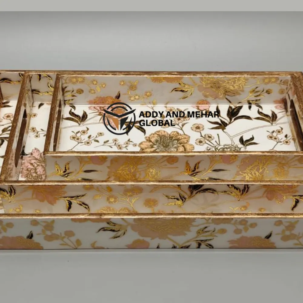 White & Gold Geometric Enamel Serving Tray Set of 3 – Modern Luxury MDF & Paper Nesting Trays for Kitchen, Dining & Home Decor - Image 5